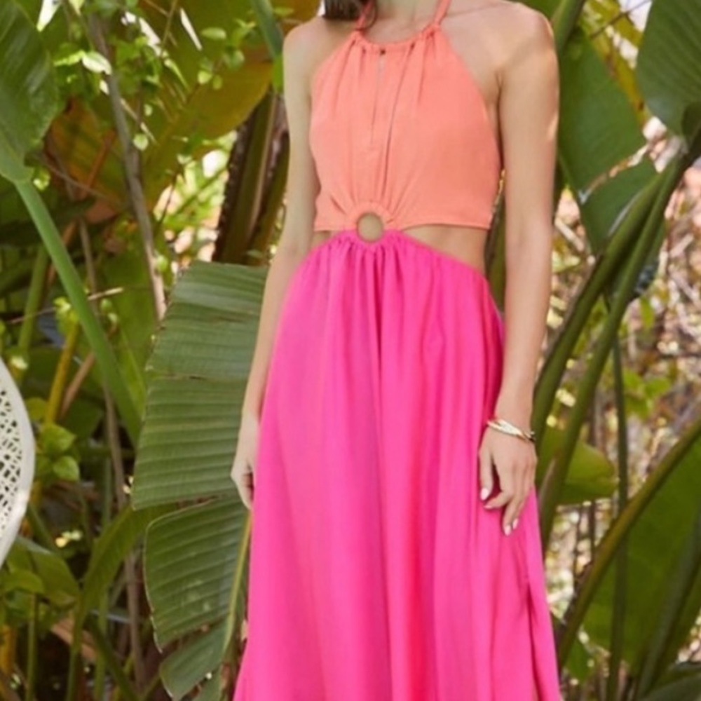 Aakaa Orange and Hot Pink Halter Ring Maxi Dress